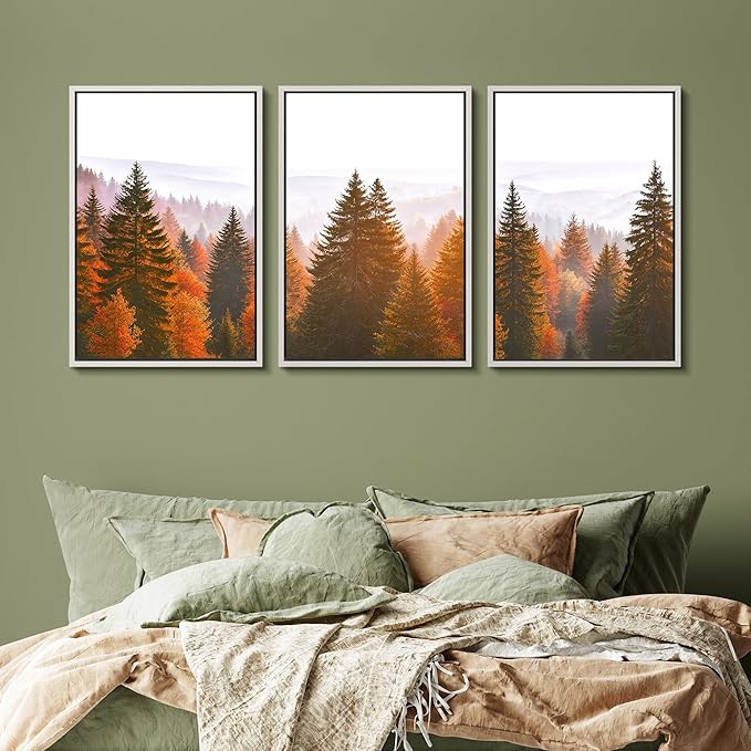 SIGNFORD Framed Wall Art Print Set Golden Autumn Forest Warm Sunrise Landscape Digital Art Modern Art Contemporary for Living Room, Bedroom, Office - 24"x36"x3 White