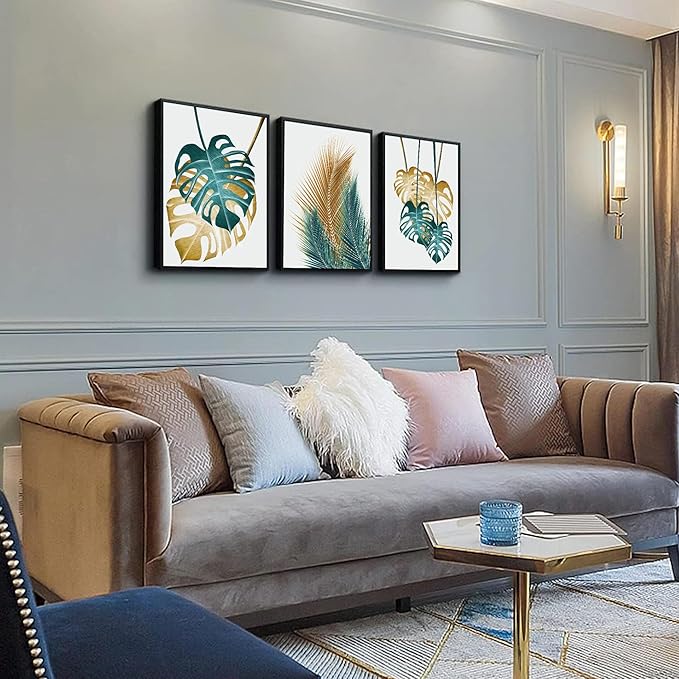 Black Framed Wall Art For Living Room Wall Decorations For Bedroom Kitchen Wall Decor Dining Room Abstract Painting Leaves Wall Pictures Artwork Bathroom Home Decor 3 Piece Framed Art Prints