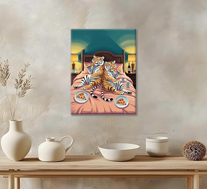 Funny Tiger Canvas Wall Art Fun Tiger Couple Enjoying Pizza In Bed Wall Decor Whimsical Animal Pictures Painting Humorous Decoration Poster Print for Quirky Bedroom Living Room Dining Hall Framed