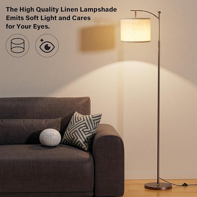 Ambimall 60" Floor Lamps for Living Room with 3 Color Temperatures, Adjustable Beige Shade with Brown Pole, Tall Lamps for Living Room Bedroom Office Classroom Dorm Room, 9W Bulb Included