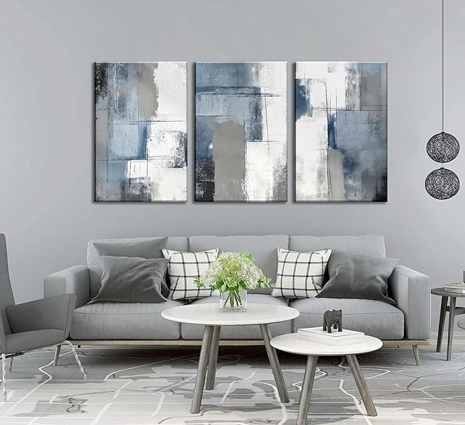 3 Pcs Navy Blue Abstract Canvas Wall Art Modern Minimalist Neutral Blue and Grey Paintings Pictures Wall Decor Poster Print Artwork for Living Room Bedroom Office Home Decoration