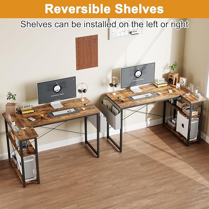 Grandder L Shaped Computer Desk with Reversible Shelves, 40 Inch Small Corner Desk with Storage Bag, Gaming Desk Computer Table Study Writing Desk for Home Office Small Space, Rustic Brown