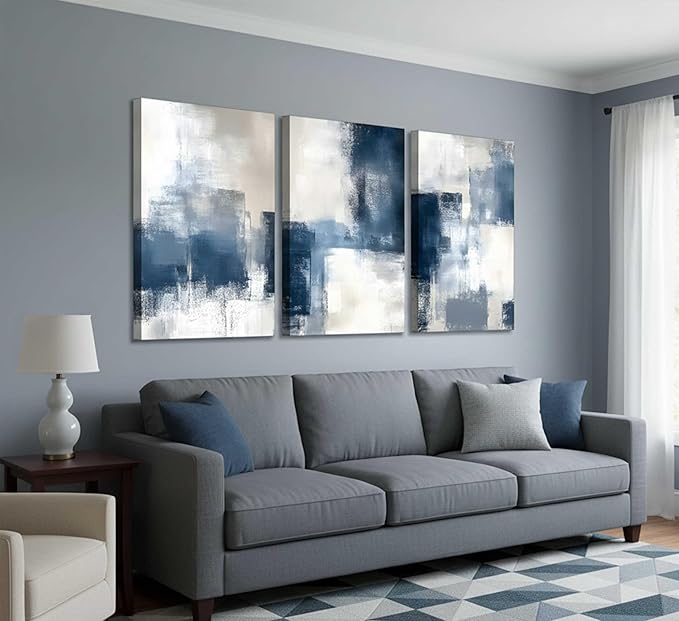 3 Pcs Navy Blue Abstract Canvas Wall Art Modern Minimalist Neutral Blue and Grey Paintings Pictures Wall Decor Poster Print Artwork for Living Room Bedroom Office Home Decoration