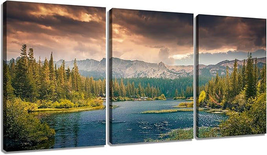 Lake Landscape Canvas Wall Art Poster Print White Clouds Forest Mountains HD Picture Painting Wall Decor Artwork for Modern Home Bedroom Bathroom Kitchen Wooden Framed Ready to Hang [36''W x 16''H]