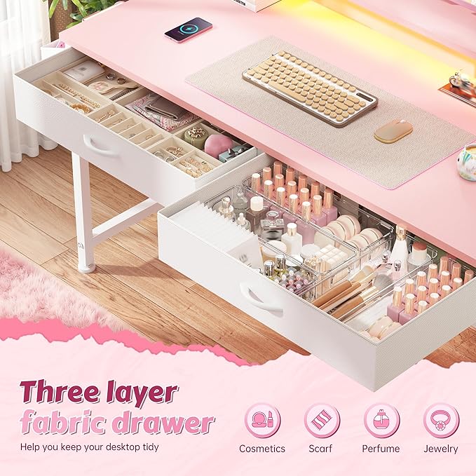 39.4Inch Office Computer Desk with LED Lights & 2 Fabric Drawers, Gaming Desk with Side Pocket & Ergonomic Monitor Stand, Small Space Study Writing Table with Anti-Tip Design,Pink