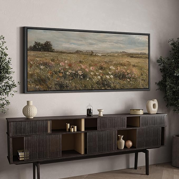 SIGNFORD Extra Large Framed Canvas Pastoral Flower Field Landscape Classic Illustrations Modern Art Calm Warm for Living Room, Bedroom, Office - 60"x30"
