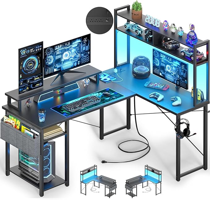 Small L Shaped Desk Gaming Desk with Power Outlets, 48" Reversible L Shaped Computer Desk with Monitor Stand & Storage Shelf, Corner Gamer Desk Home Office Desk with Storage Bag, Black
