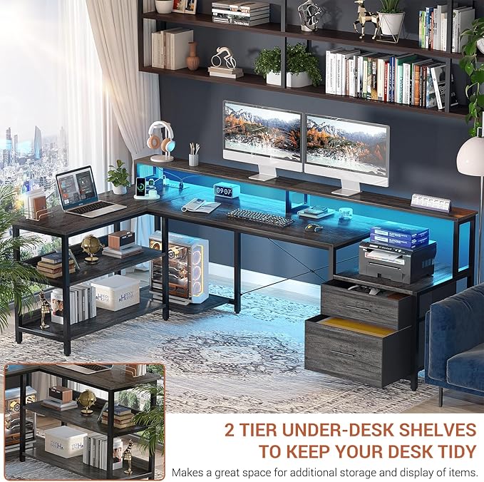 Aheaplus L Shaped Desk with File Drawer, 72.8" Reversible L Shaped Computer Desk with Power Outlet & LED Strip, Gaming Desks with Monitor Stand, Corner Office Desks with Storage Shelf, Grey Oak