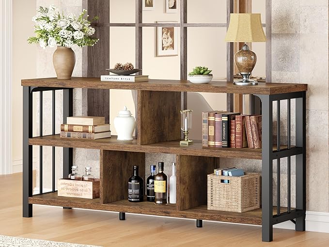 IBF 55” Bookshelf, 3 Tier Open Book Shelf, Wood Metal 5 Cube Storage Organizer, Modern Low Horizontal Bookshelf for Bedroom Living, Long Wide Office Cubby Bookcase with Storage, Rustic Brown, 55 in