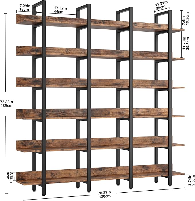 IRONCK Bookcase and Bookshelves Triple Wide 6 Tiers Large Open Shelves, Etagere Bookcases with Back Fence for Home Office Decor, Easy Assembly, Vintage Brown