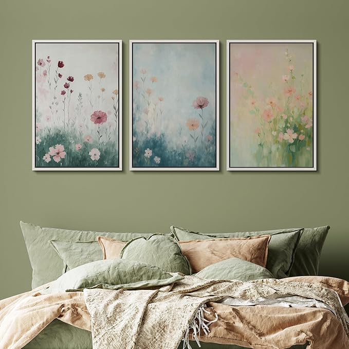 SIGNFORD Framed Wall Art Print Set Pastel Wildflower Meadow Soft Botanical Digital Art Modern Art Contemporary for Living Room, Bedroom, Office - 16"x24"x3 WHITE