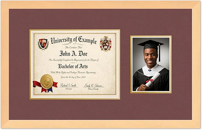 CountryArtHouse Fits 11 x 8.5 US Letter Certificate and 5 x 7 Photo Diploma and Photo Frame Natural Wood Genuine Hardwood with Dark Red Over Metallic Gold Double mat