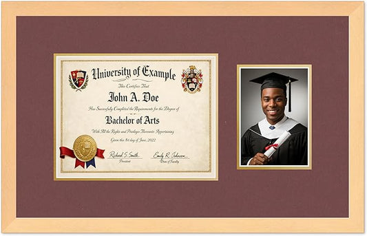 CountryArtHouse Fits 11 x 8.5 US Letter Certificate and 5 x 7 Photo Diploma and Photo Frame Natural Wood Genuine Hardwood with Dark Red Over Metallic Gold Double mat