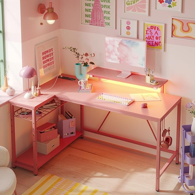 Bestier 52" Gaming Desk with Integrated Power Outlet & USB Ports, L-Shaped Computer Desk with LED Strip & Headphone Hooks, Perfect for Home Office Pink