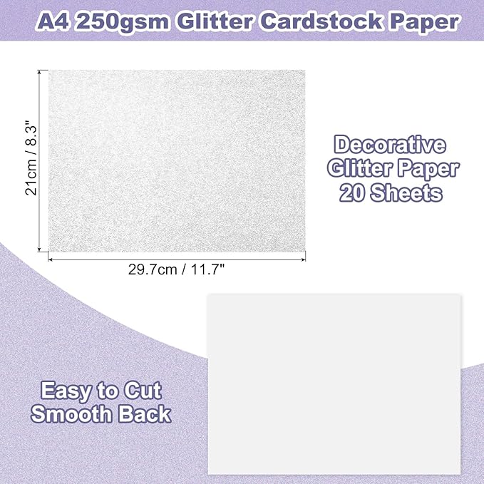 PATIKIL 20Sheets Silver Glitter Cardstock, 8.3x11.7 in A4 Glitter Paper Card Stock Shiny Scrapbook 250gsm Sparkly Paper Large Shimmer for Crafts Scrapbook DIY Art Wedding Party