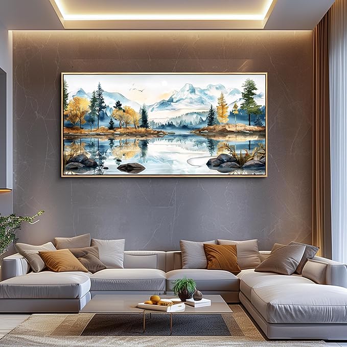 ERQINHUA Large Canvas Wall Art for Living Room Wall Decor for Bedroom Office Mural Abstract Watercolour Paint Tree Lakeside Landscapes Picture Artwork Home Decor Ready to Hang Wood Framed 24x48 In