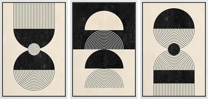 IDEA4WALL Framed Canvas Print Wall Art Set Geometric Black Tan Striped Circle Polygon Collage Abstract Shapes Illustrations Modern Art Nordic for Living Room, Bedroom, Office - 16"x24"x3 White