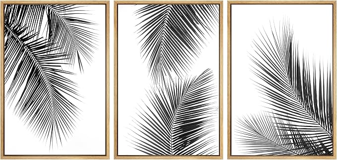 SIGNWIN 3 Piece Framed Canvas Wall Art Black and White Tropical Leaves Canvas Prints Home Artwork Decoration for Living Room,Bedroom - 24"x36"x3 Natural