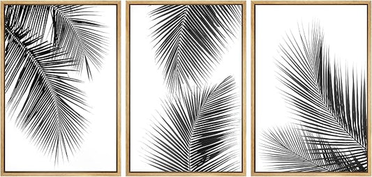 SIGNWIN 3 Piece Framed Canvas Wall Art Black and White Tropical Leaves Canvas Prints Home Artwork Decoration for Living Room,Bedroom - 24"x36"x3 Natural