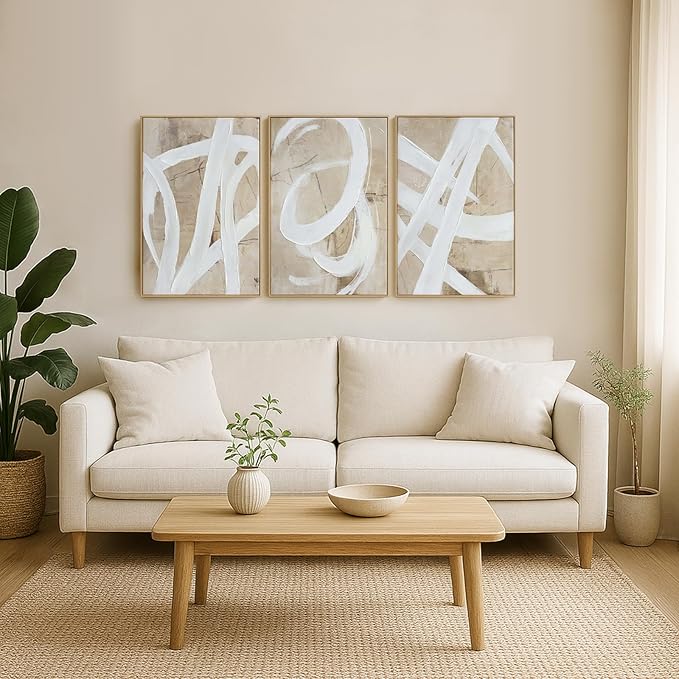 Zessonic Neutral Abstract Wall Art Minimalist White Brown Pastel Paint Strokes Shapes Textured Framed Wall Decor Artwork Canvas Paintings- Living Room Bedroom Office Modern Neutral 16"x24" 3 piece