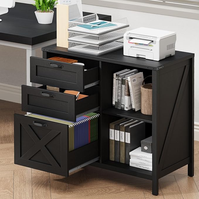 Farmhouse Lateral Filing Cabinet with 3 Drawers and Open Shelf, Lateral File Cabinet with with File Drawer for Letter/A4 Hanging File, Large Printer Stand for Home Office, Living Room, Rustic Black