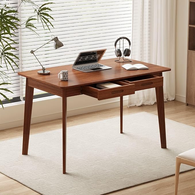 40 Inch Compact Computer Gaming Desk, Study Work Office Desk with 2 Storage Drawers, Rectangular Study Reading Table, Simple Computer Writing Table for Home Office, Living Room,Walnut Color