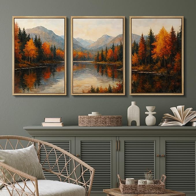 SIGNFORD Framed Wall Art Print Set Autumn Mountain Lake Vibrant Fall Forest Landscape Digital Art Modern Art Contemporary for Living Room, Bedroom, Office - 24"x36"x3 Natural