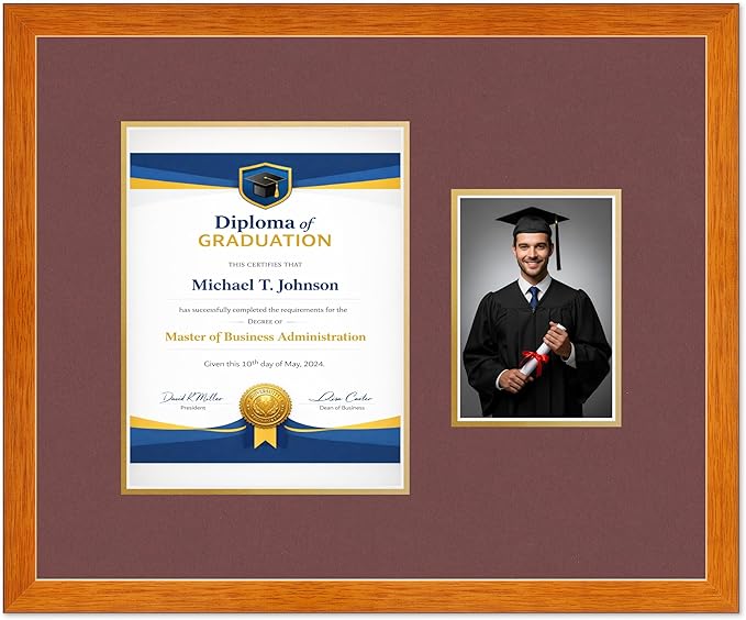 Diploma Frame With Photo Opening Honey Oak Dark Red Over Gold Mat - Fits 8.5 x 11 Degree and Picture Made in the USA