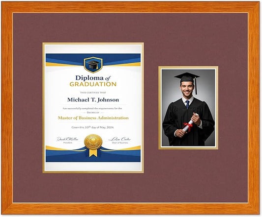 Diploma Frame With Photo Opening Honey Oak Dark Red Over Gold Mat - Fits 8.5 x 11 Degree and Picture Made in the USA