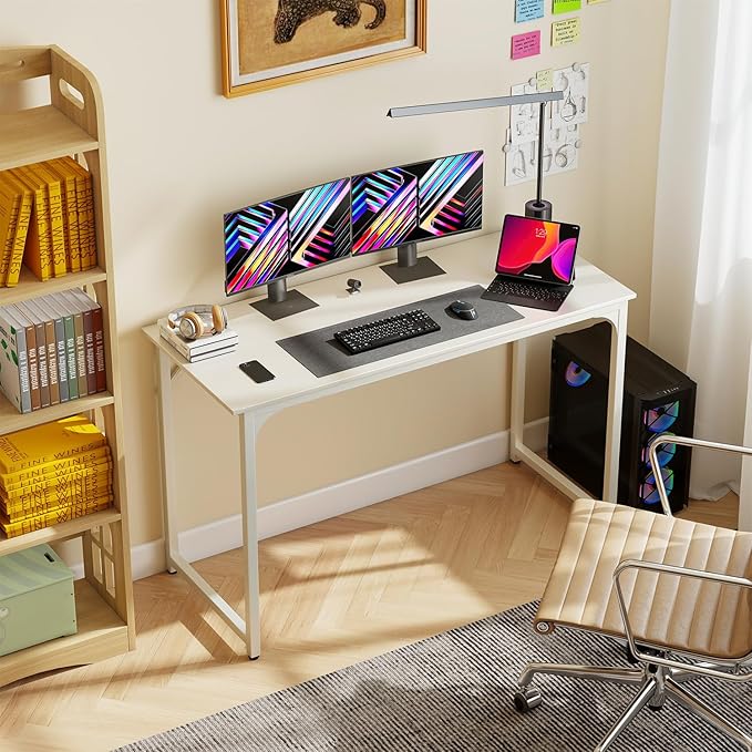 Dkelincs 47 Inch Computer Desk Home Office Desk Gaming Writing Desk Modern Simple Style Study Work Table with Metal Frame, Large Legroom, Adjustable Feet, Water-Resistant, Scratchproof Surface, White