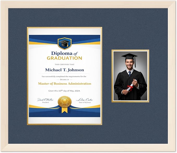 Diploma Frame With Photo Opening Coastal Whitewash Navy Blue Over Gold Mat - Fits 10 x 13 Degree and Picture Made in the USA
