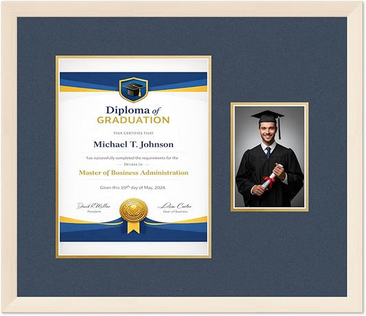 Diploma Frame With Photo Opening Coastal Whitewash Navy Blue Over Gold Mat - Fits 10 x 13 Degree and Picture Made in the USA