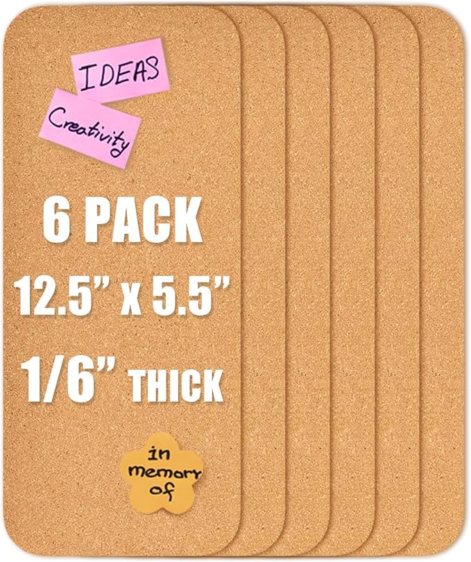 6 PCS 12.5"*5.5" Self-Adhesive Cork Board, 4mm Thick Cork Boards for Walls, 6 Pack 12.5"*5.5" Bulletin Board, Cork Board Tiles for Office, Home, School (4MM-6PC)