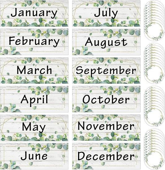 Zonon 48 Pieces Holiday Monthly Headliners Set 12 Months of The Year Headers Seasonal Monthly Bulletin Board Borders with 36 Round Blank Confetti Cutouts(Greenery)
