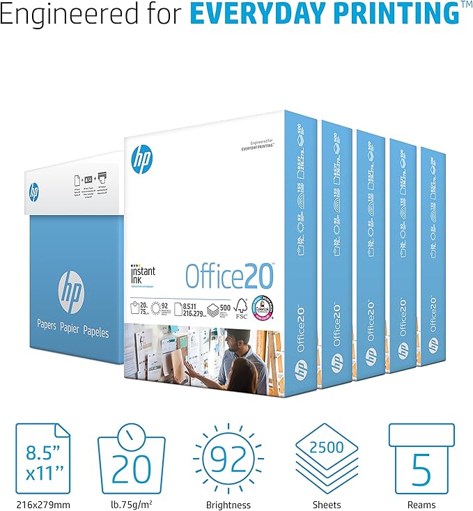 HP Papers | 8.5 x 11 Paper | Office 20 lb | 5 Ream Case - 2500 Sheets | 92 Bright | Made in USA-FSC Certified | 112150C