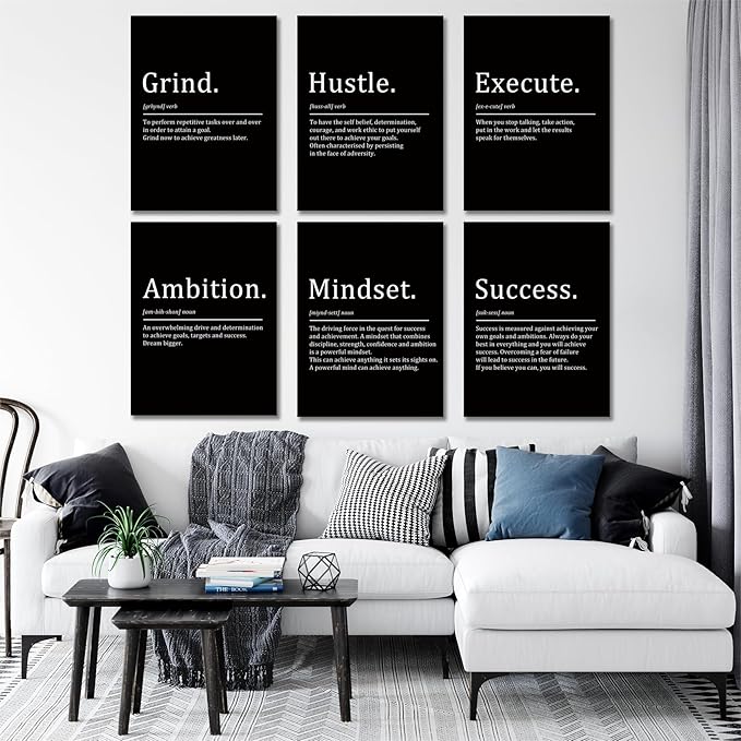 COSCTOR Set of 6 Grind Hustle Execute Ambition Mindset Success Motivational Wall Art Picture Decor Canvas Framed for Office Bedroom Inspirational Home Posters Paintings Ready to Hang(Framed,16x24)