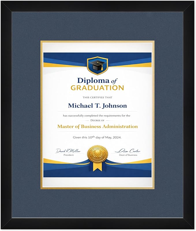 Diploma Frame Matte Black with Navy Blue Over Gold Double Mat - Fits 10 x 13 College Diploma (Portrait Traditional) Wall Display Made in the USA