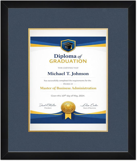 Diploma Frame Matte Black with Navy Blue Over Gold Double Mat - Fits 10 x 13 College Diploma (Portrait Traditional) Wall Display Made in the USA