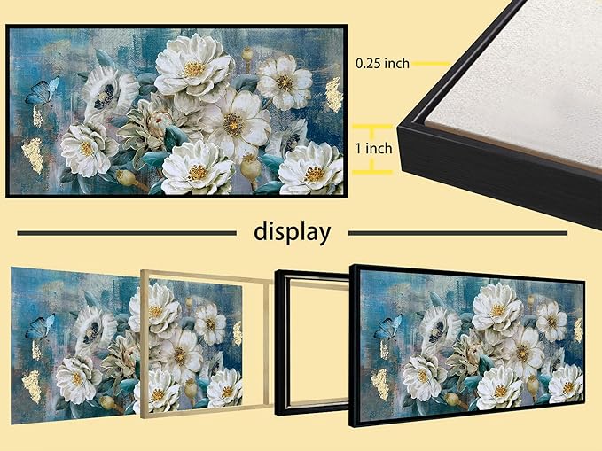 Arjun Black Framed Flower Canvas Wall Art for Living Room White Modern Painting for Bedroom Textured Gold Turquoise Picture Floral Teal Artwork Large Home Office Wall Decor 40"x20"