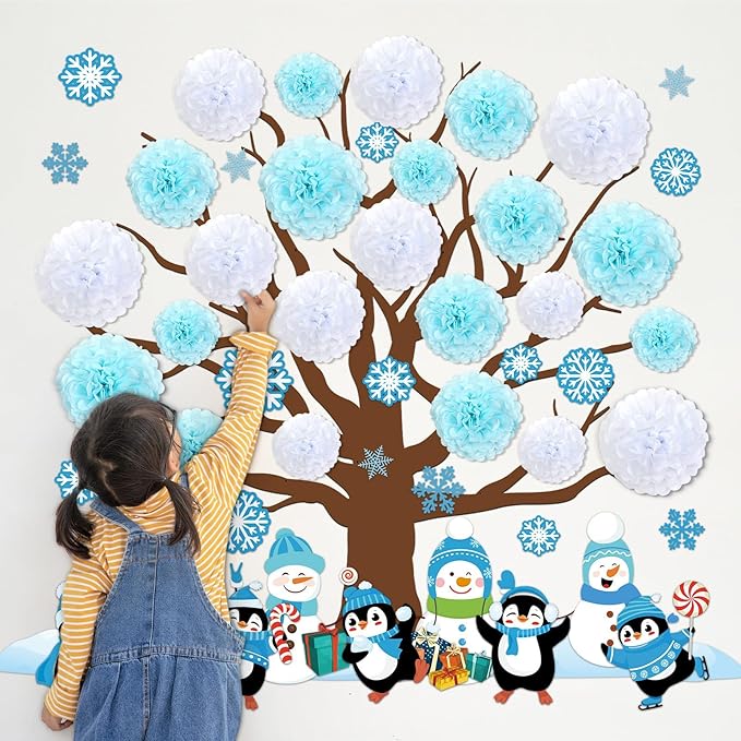 Winter Bulletin Board Decoration Set Winter Wonderland Cutouts for Classroom Winter 3D Tree with Paper Pom Poms Snowflake Bulletin Board for School Classroom Nursery Christmas Party Wall Door Decor
