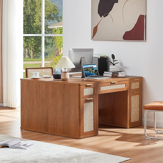 LEYAOYAO Office Desk 56" with 5 Drawers Storage File Cabinet Rattan Wood Desk for Computer Office Bedroom Home Furniture Brown