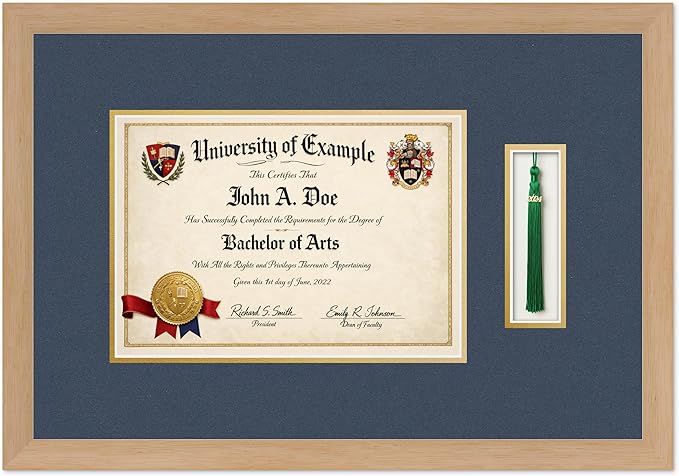 CountryArtHouse Diploma and Tassel Frame Fits 11.69 x 8.27 A4 Certificate with Tassel Ho Natural Wood Genuine Hardwood Shadowbox with Navy Blue Over Metallic Gold Double mat