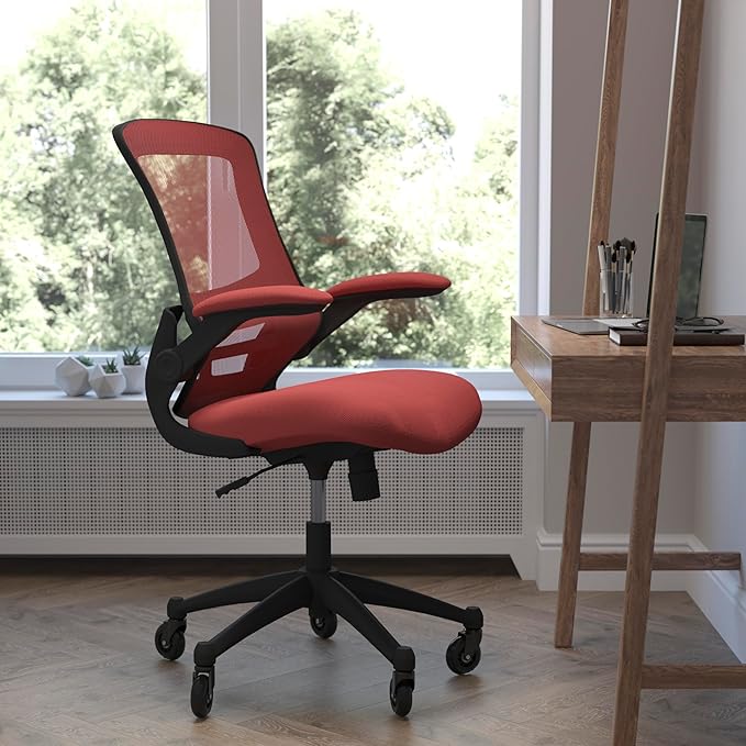 Flash Furniture Kelista Mid-Back Red Mesh Swivel Ergonomic Task Office Chair with Flip-Up Arms and Transparent Roller Wheels
