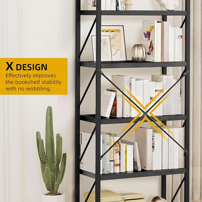 DWVO 5 Tier Bookshelf 2 Pack, Black Bookcase Storage Organizer, Modern Book Shelf Storage Rack Shelves for Bedroom, Living Room, Home Office, Black