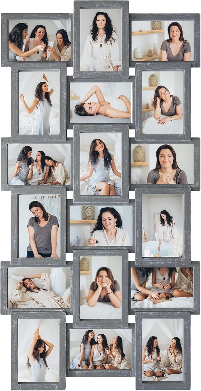 J.M.Deco Collage Picture Frames for Wall Decor, 18-Opening Reunion Family Friends Picture Frame Set, 4 x 6 Photo Frames Collage for Living Room Bedroom, Ashes