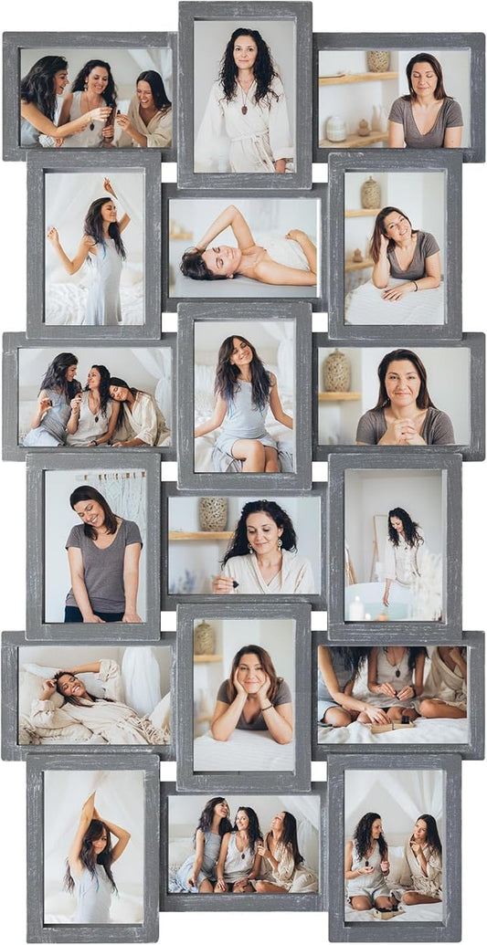 J.M.Deco Collage Picture Frames for Wall Decor, 18-Opening Reunion Family Friends Picture Frame Set, 4 x 6 Photo Frames Collage for Living Room Bedroom, Ashes