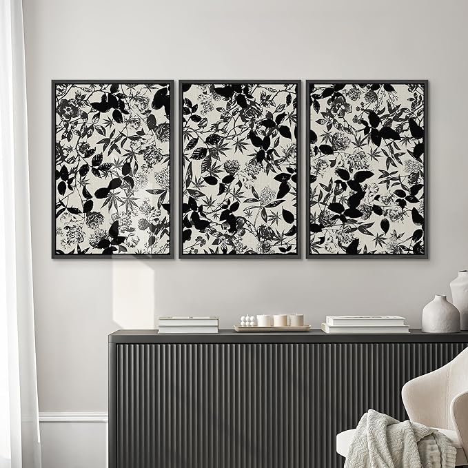 SIGNWIN Framed Canvas Print Wall Art Set Black and White Botanical Collage Monochrome Floral and Leaf Illustrations Modern Art Decorative Abstract for Living Room, Bedroom, Office - 24"x36"x3 Black
