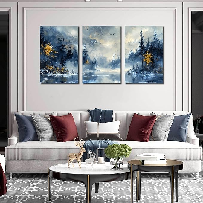 SIXTTART Trees Canvas Wall Art for Living Room - Blue Forest Wall Decor Office - 3 Piece Pictures Wall Art Size 16" x 24"