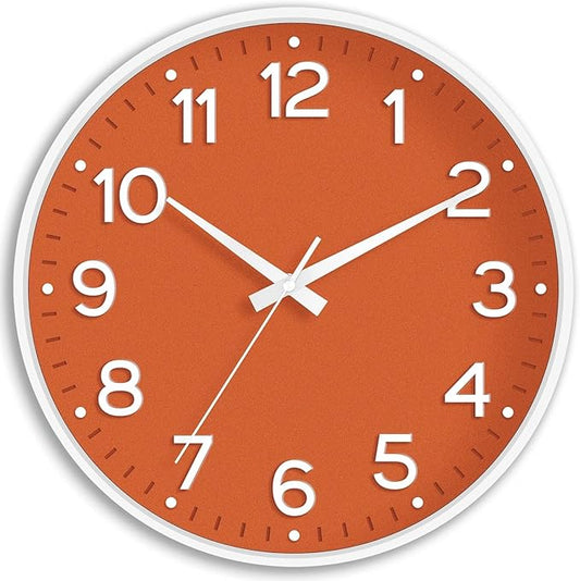 Wall Clock 10 Inch Silent Wall Clocks Battery Operated-Modern Non Ticking Analog Clock Decorative for Kitchen Bedroom Office Bathroom(Orange)