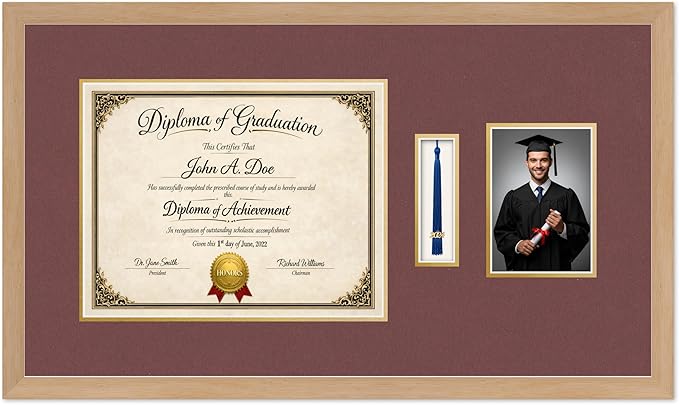 Diploma Tassel and Photo Frame Natural Wood Shadowbox Dark Red Over Gold Mat - Fits 14 x 11 Degree Picture Made in the USA